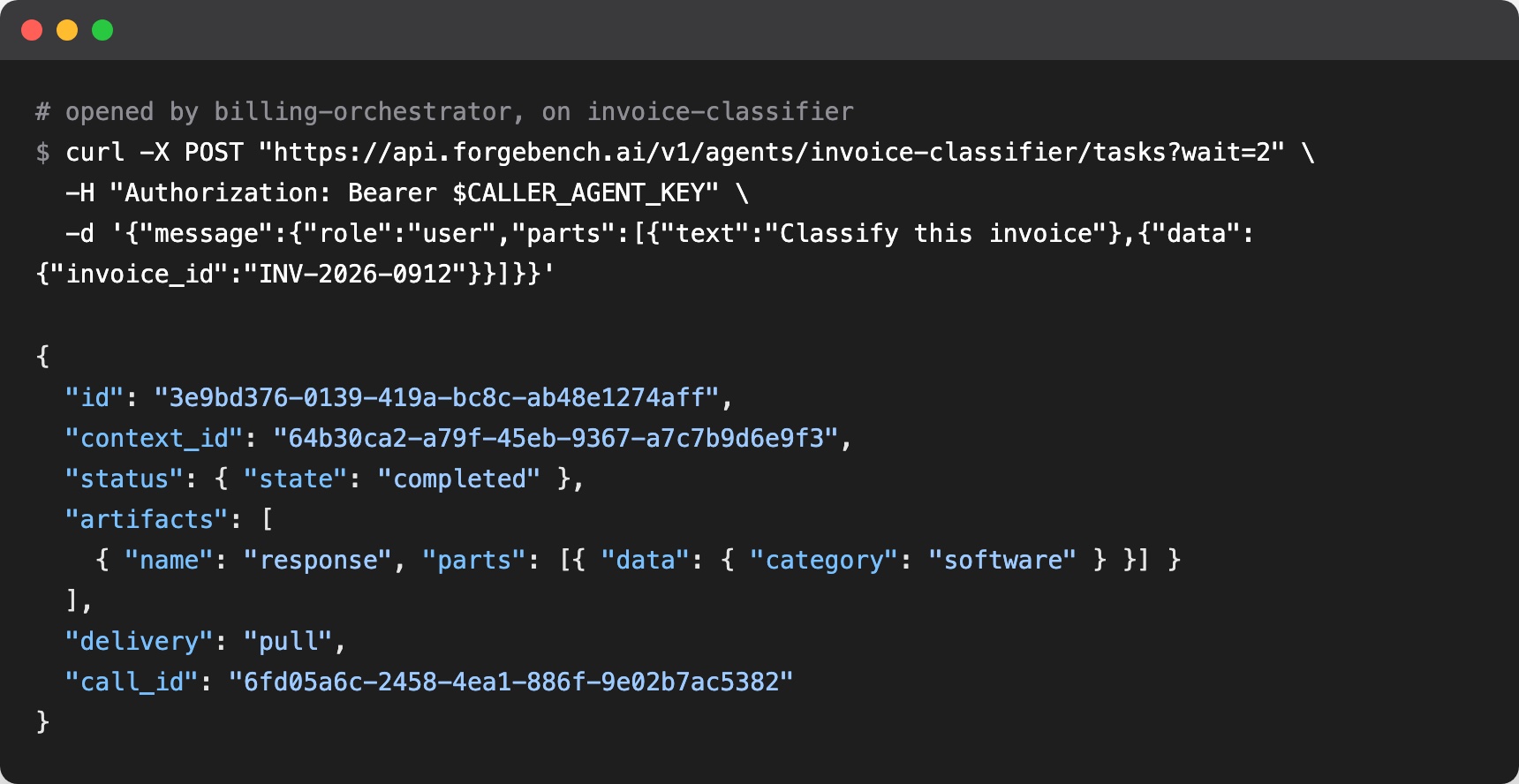 Opening a task on invoice-classifier and getting back a completed task with its artifact.