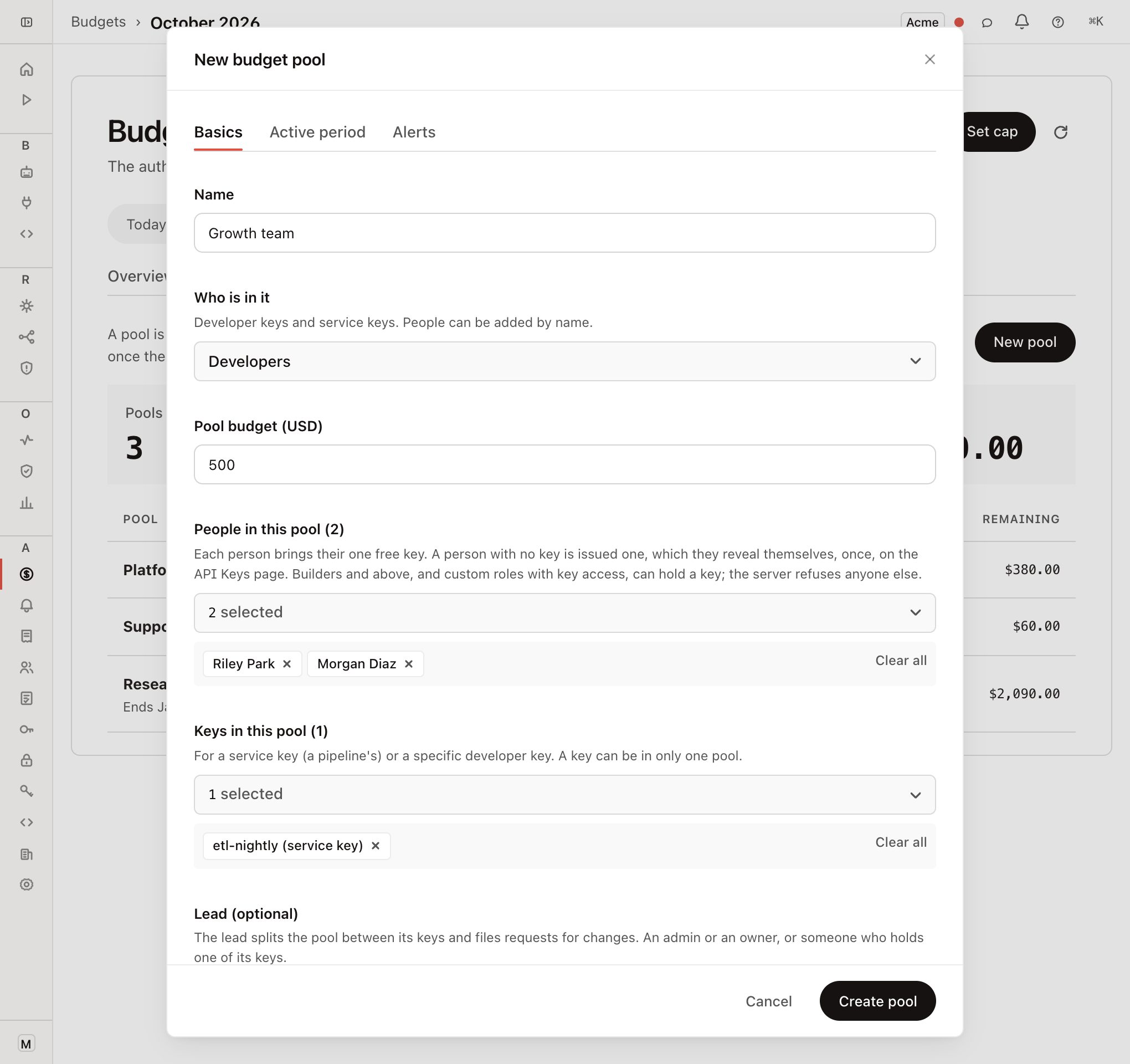 New budget pool: name, limit, people and keys, and an optional lead. Everything else has a default