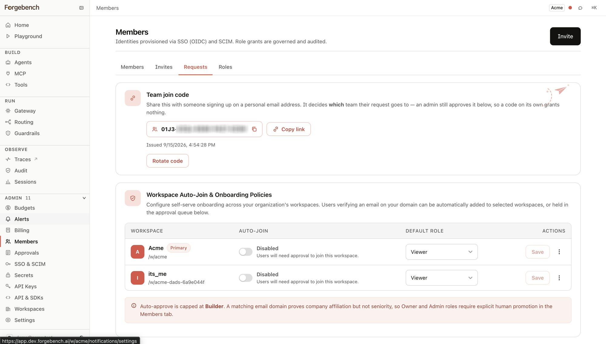 The Requests tab: the join code, the approval queue, and — for anyone who manages workspaces — the auto-join policy